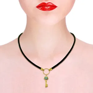0.5 Carat 14K Solid Yellow Gold Leather Key Necklace Blue Topaz