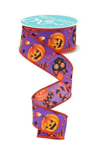 1.5"x10yd Pumpkins w/Cats and Candy On Royal Burlap, Purple/Orange/Black/White  AP31