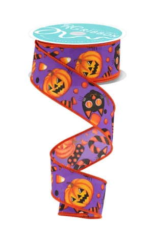1.5"x10yd Pumpkins w/Cats and Candy On Royal Burlap, Purple/Orange/Black/White  AP31