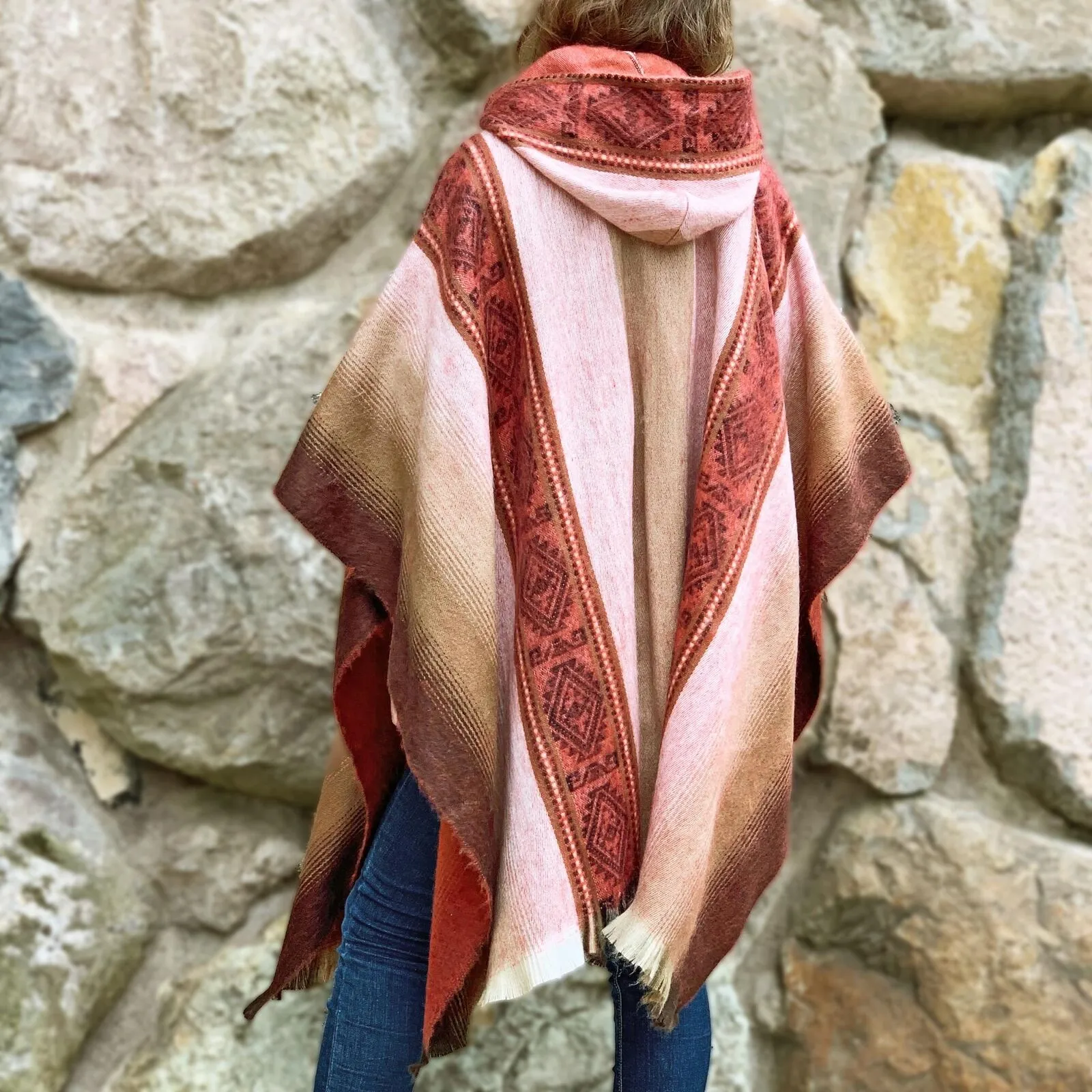 Ayora - Lightweight Baby Alpaca Hooded Poncho - Red - Unisex