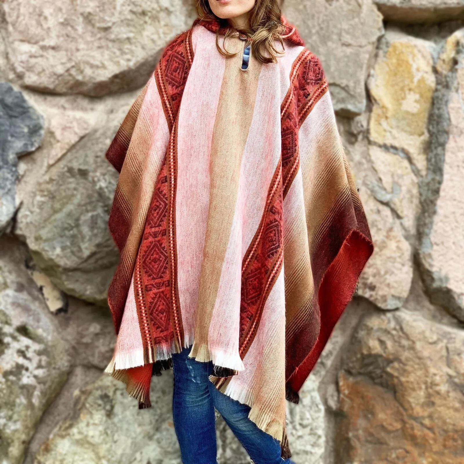 Ayora - Lightweight Baby Alpaca Hooded Poncho - Red - Unisex
