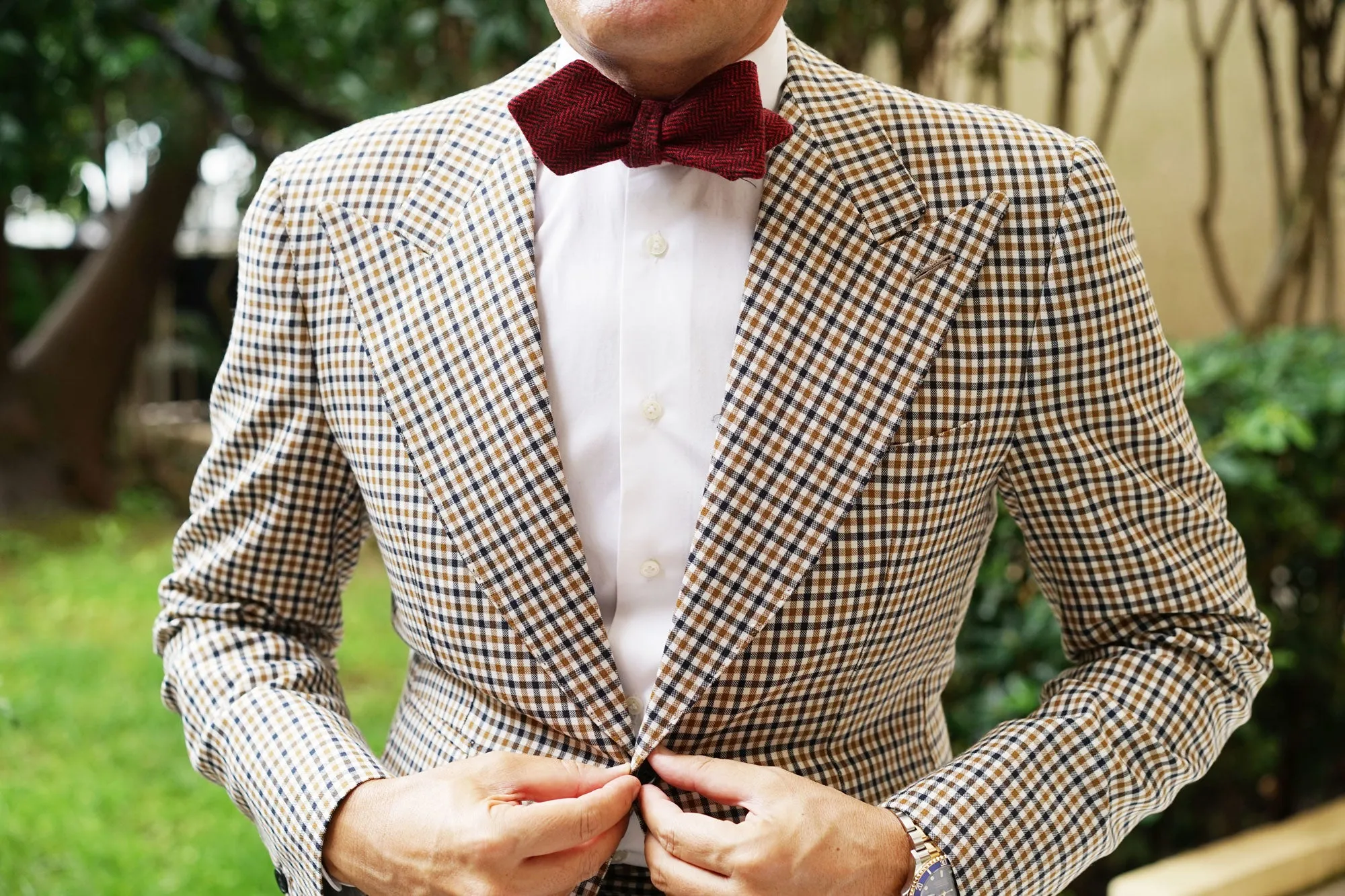 Black & Red Herringbone Wool Diamond Self Bow Tie