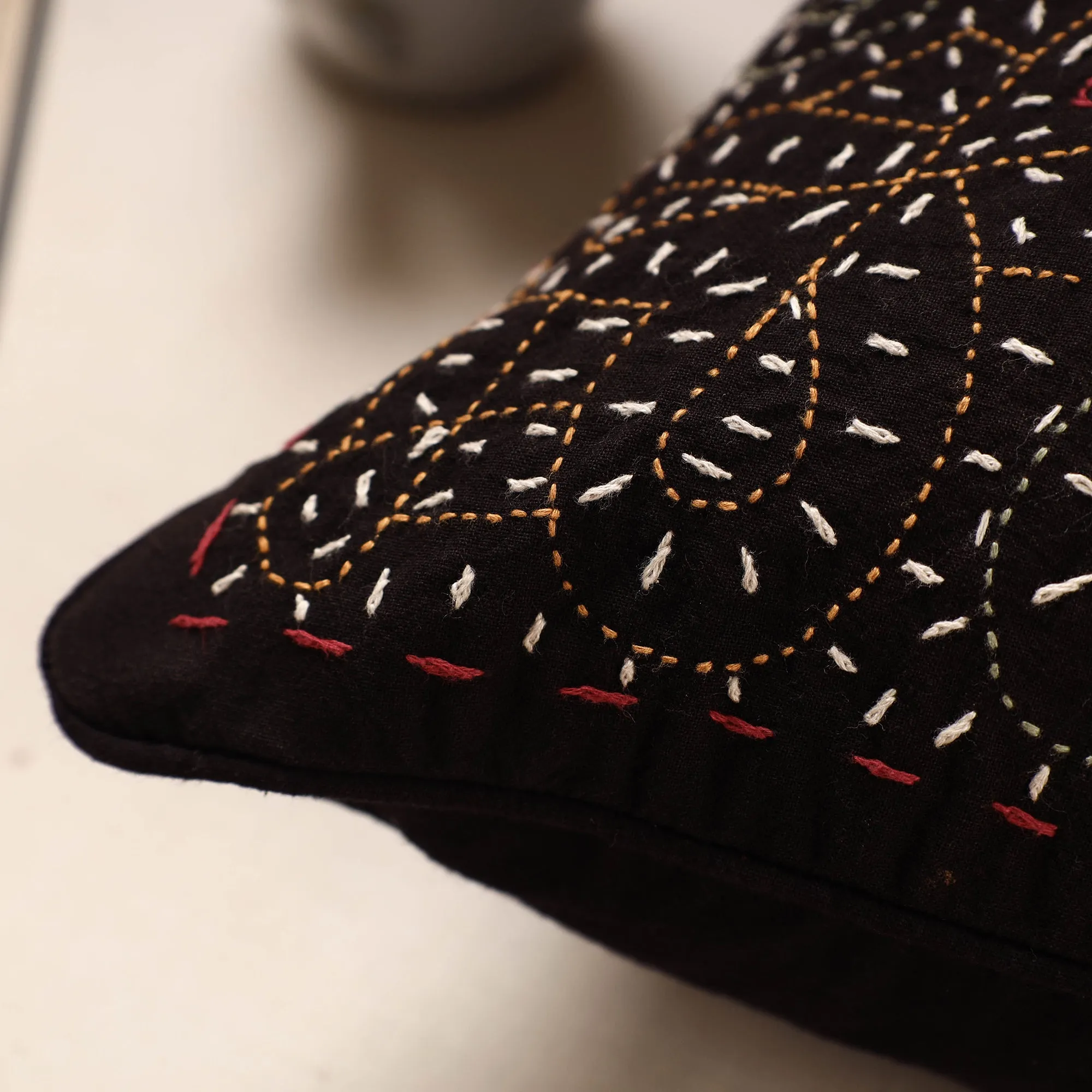 Black - Kala Raksha Rabari Bakhiya Hand Embroidered Pure Cotton Cushion Cover (16 x 16 in)