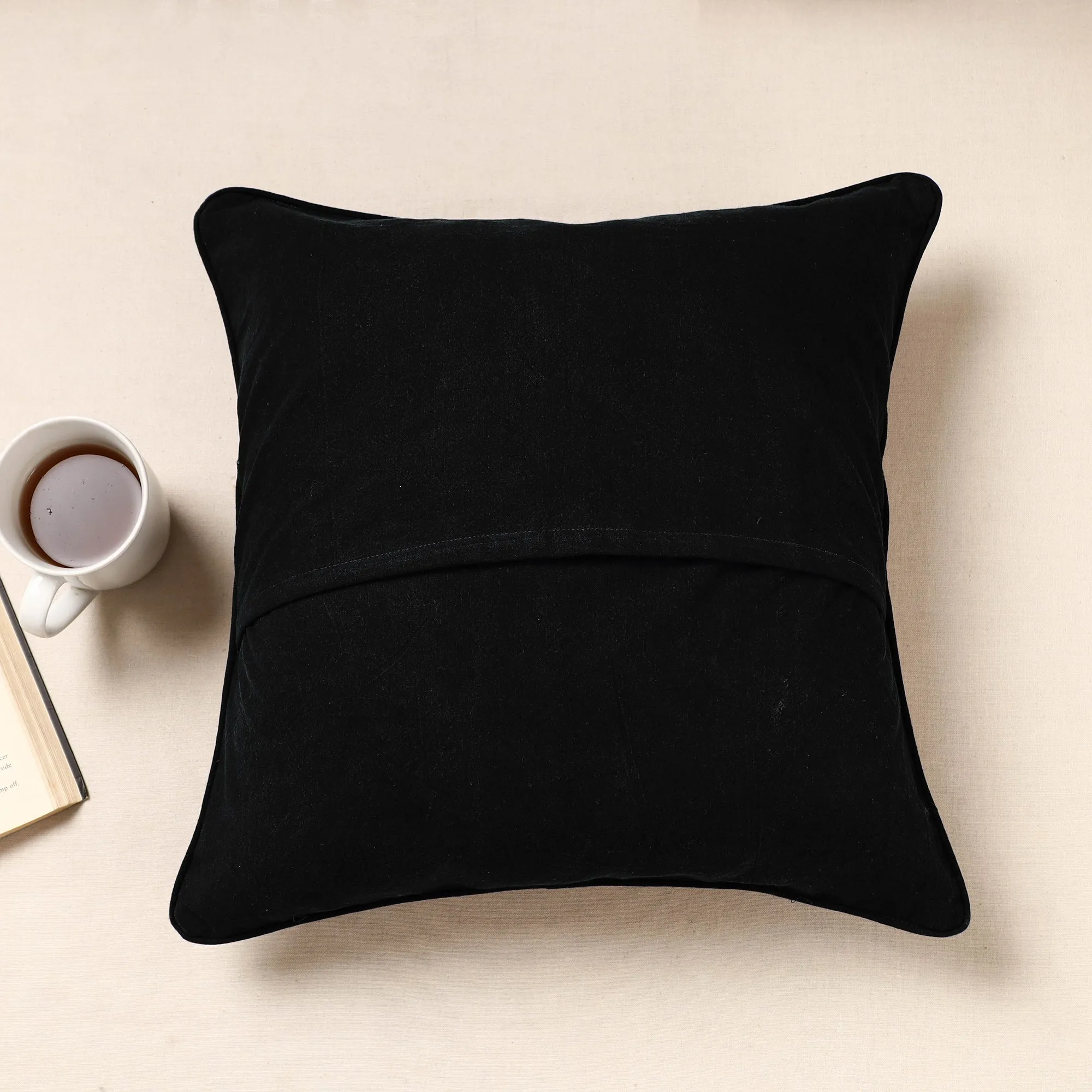 Black - Kala Raksha Rabari Bakhiya Hand Embroidered Pure Cotton Cushion Cover (16 x 16 in)
