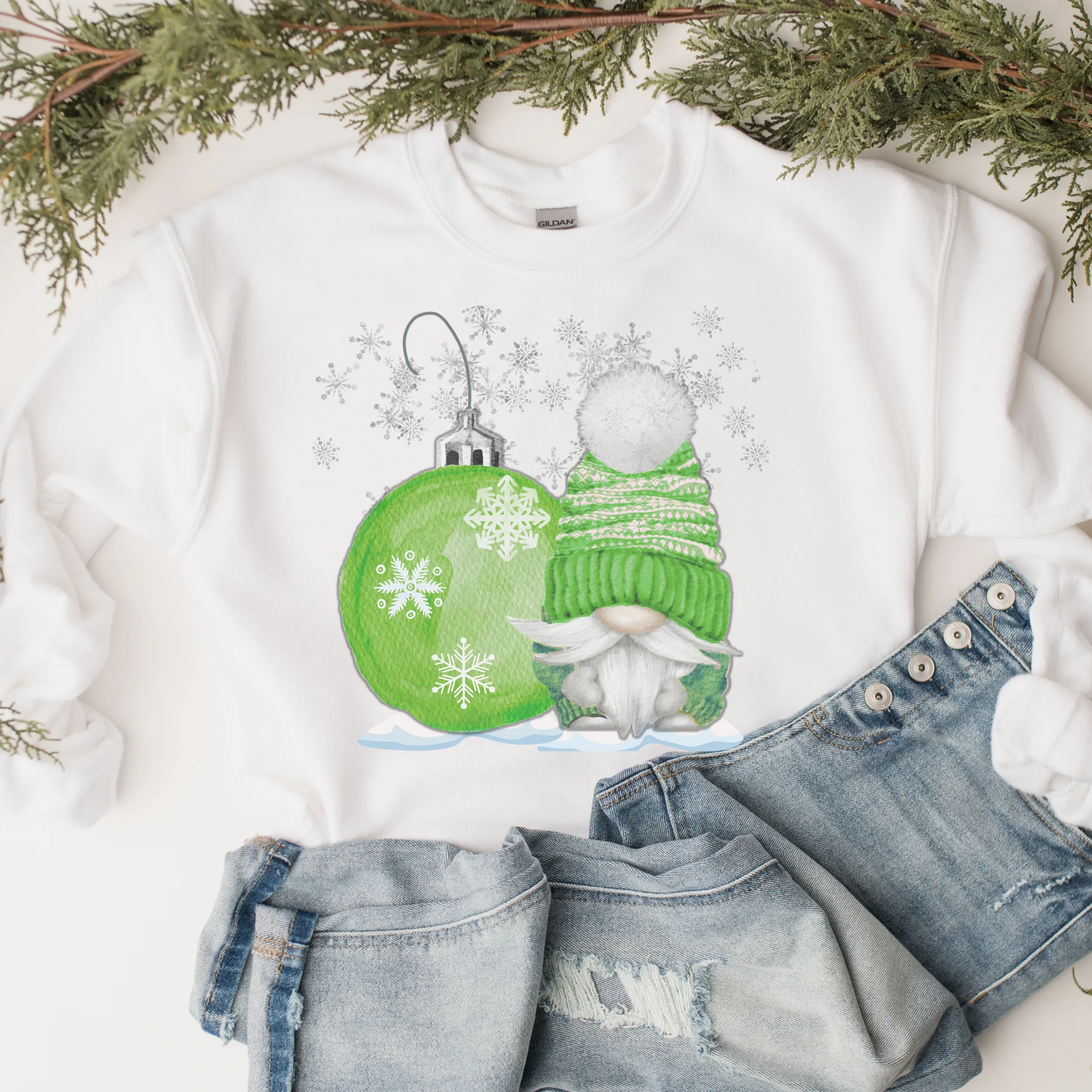 Christmas Gnome Crewneck Sweatshirt Women's Cozy Gildan® Winter Pullover Hello Christmas Hand Drawn Gnome Lover Christmas Ornament