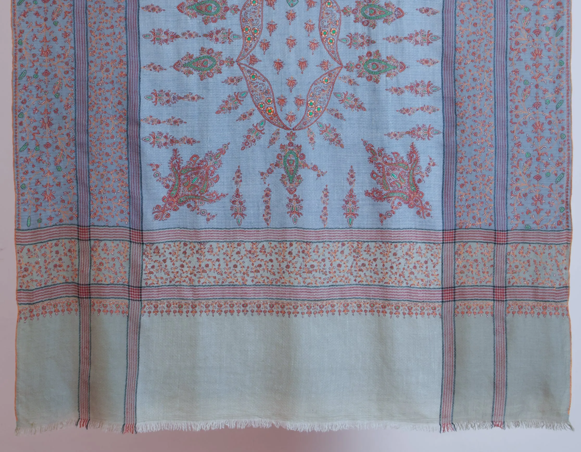 Grey Striped Handwoven Sozni Embroidered Pashmina Shawl