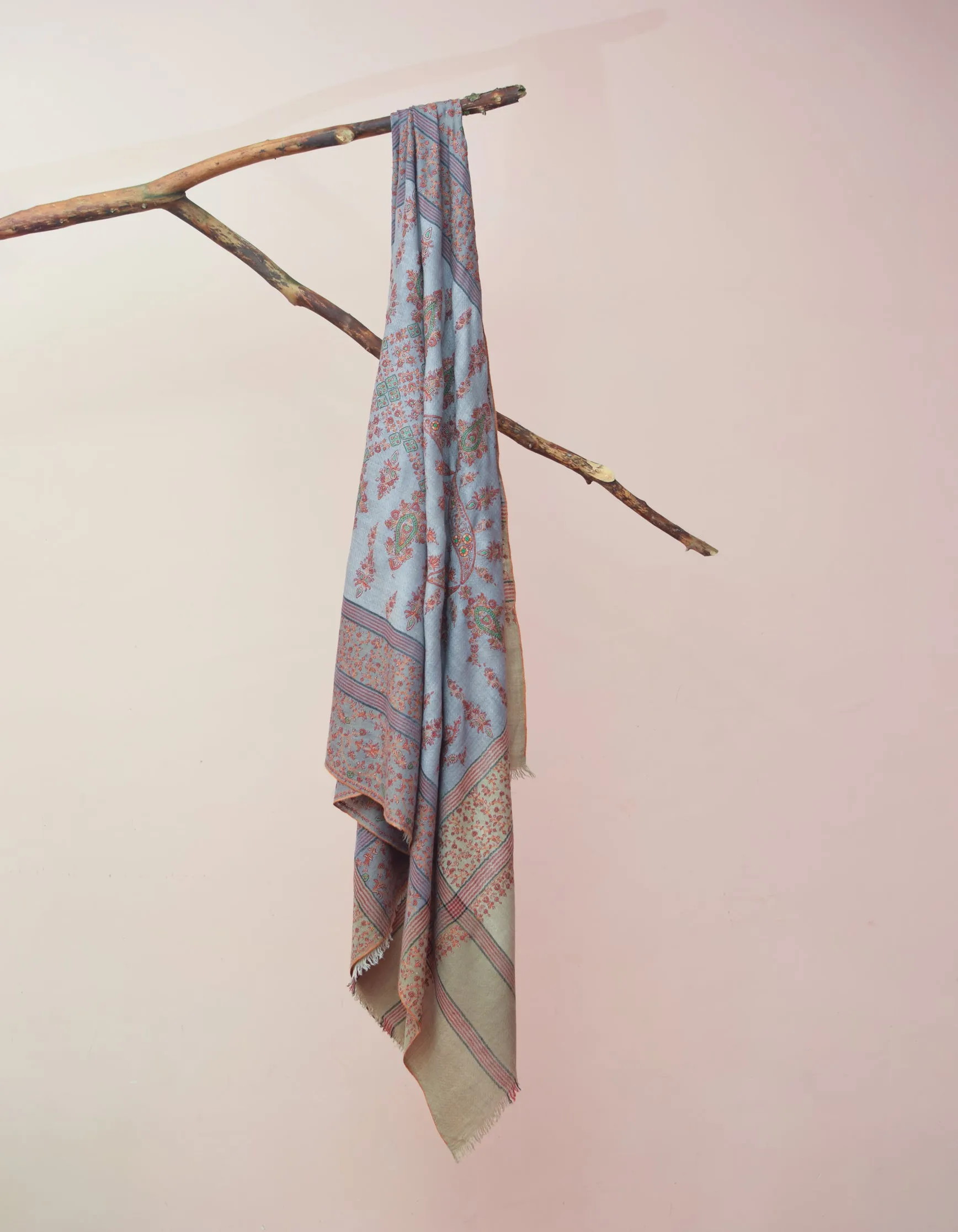 Grey Striped Handwoven Sozni Embroidered Pashmina Shawl
