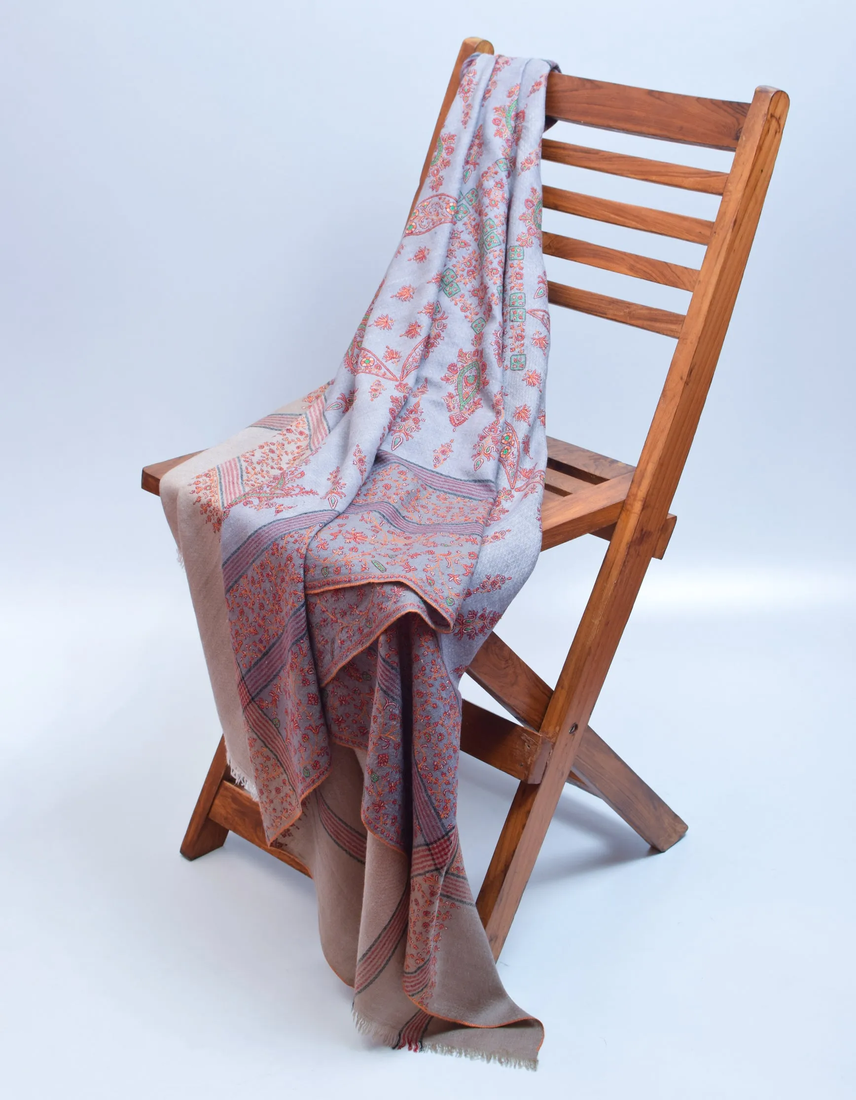 Grey Striped Handwoven Sozni Embroidered Pashmina Shawl