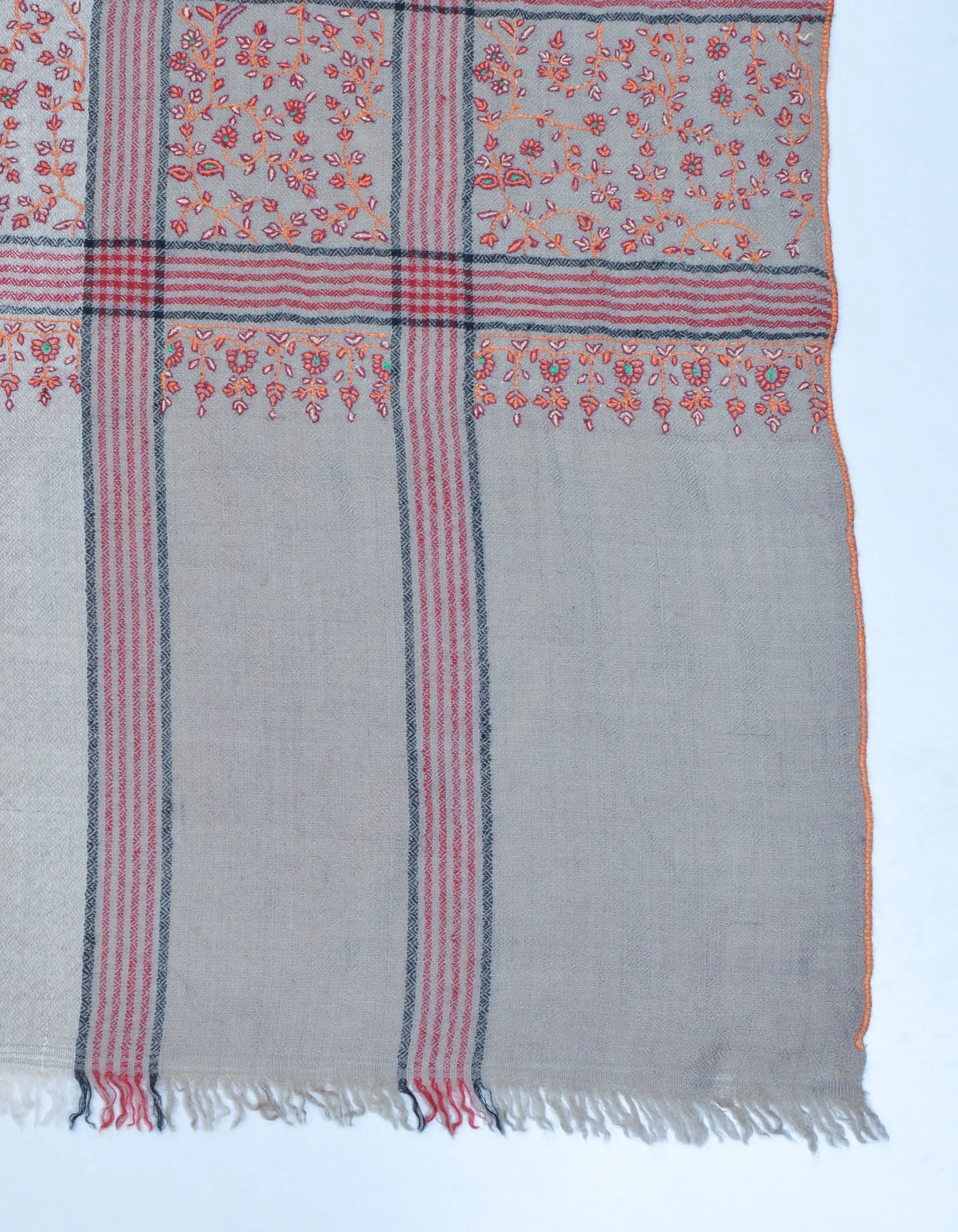 Grey Striped Handwoven Sozni Embroidered Pashmina Shawl