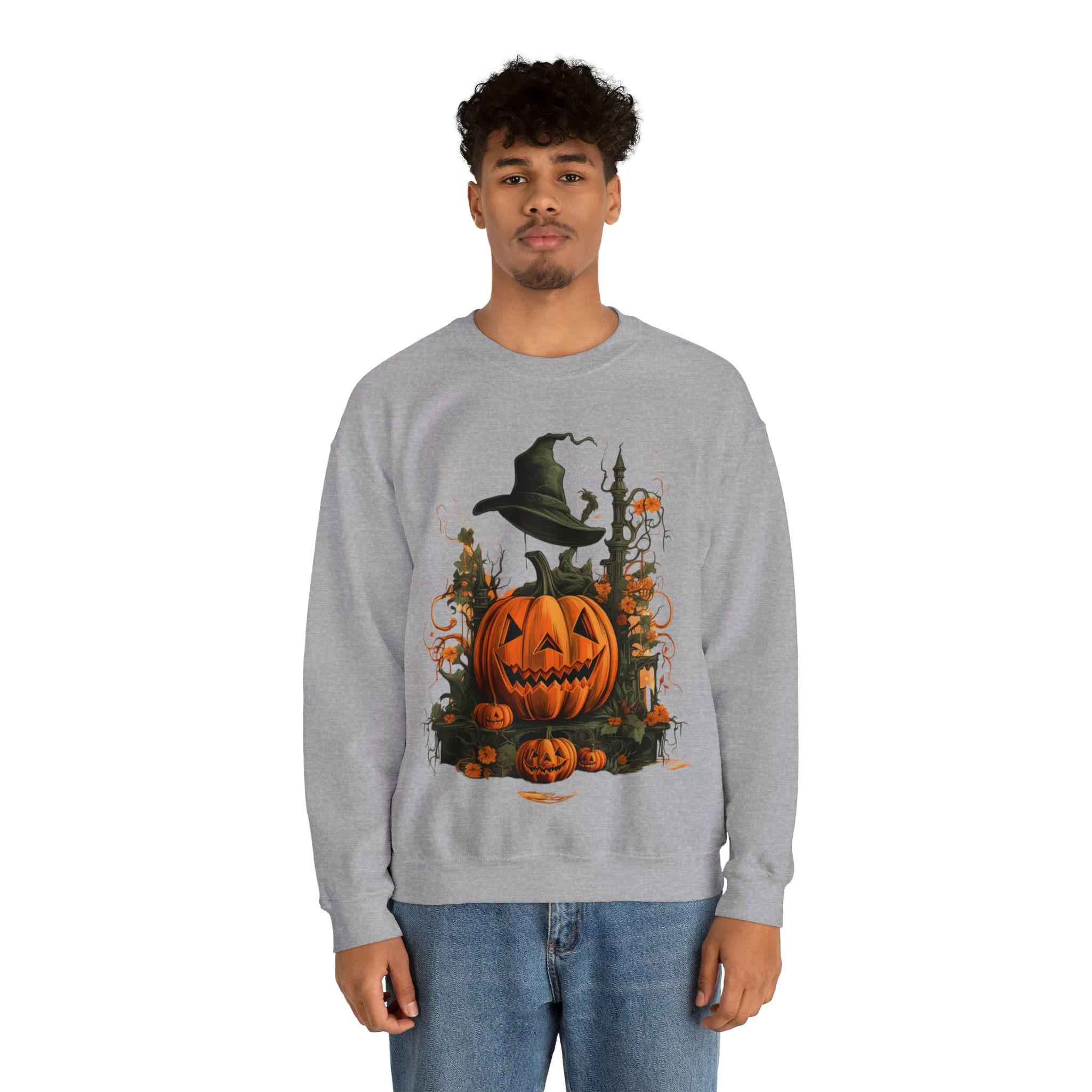 Halloween Crewneck Sweatshirt with Scary Pumpkins Castle Graphic