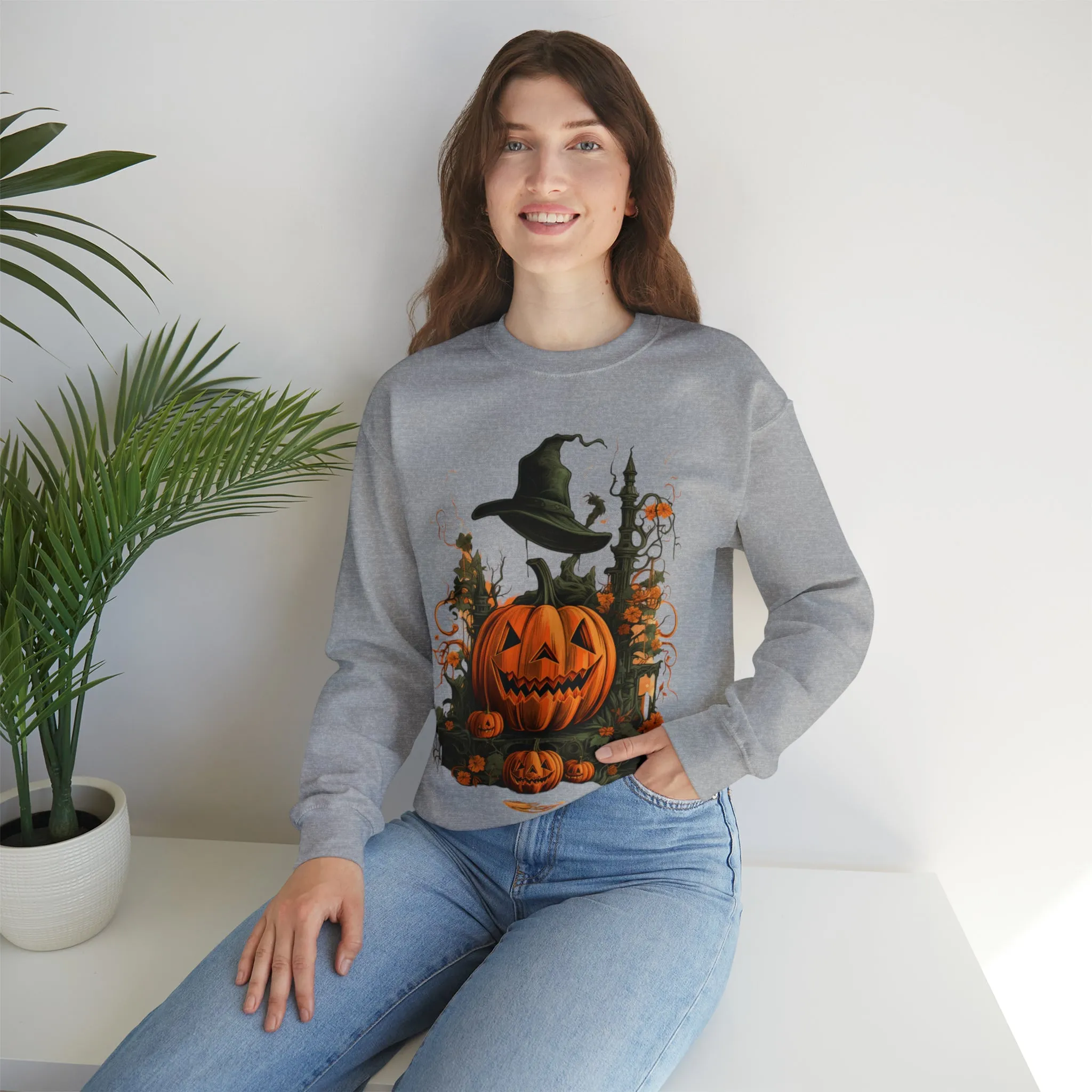 Halloween Crewneck Sweatshirt with Scary Pumpkins Castle Graphic