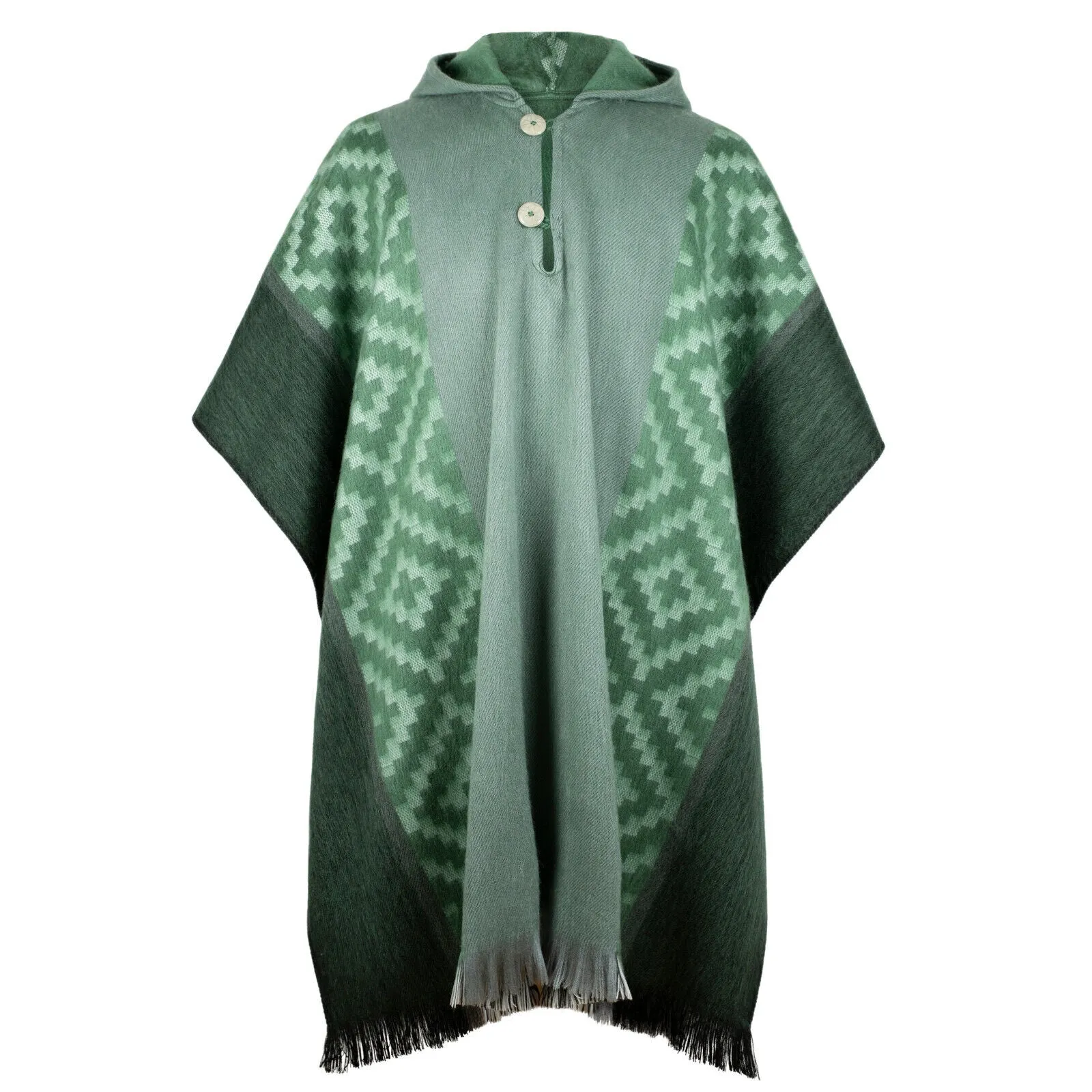 Machachi - Lightweight Baby Alpaca Hooded Poncho - Emerald Green - Diamonds Pattern - Unisex