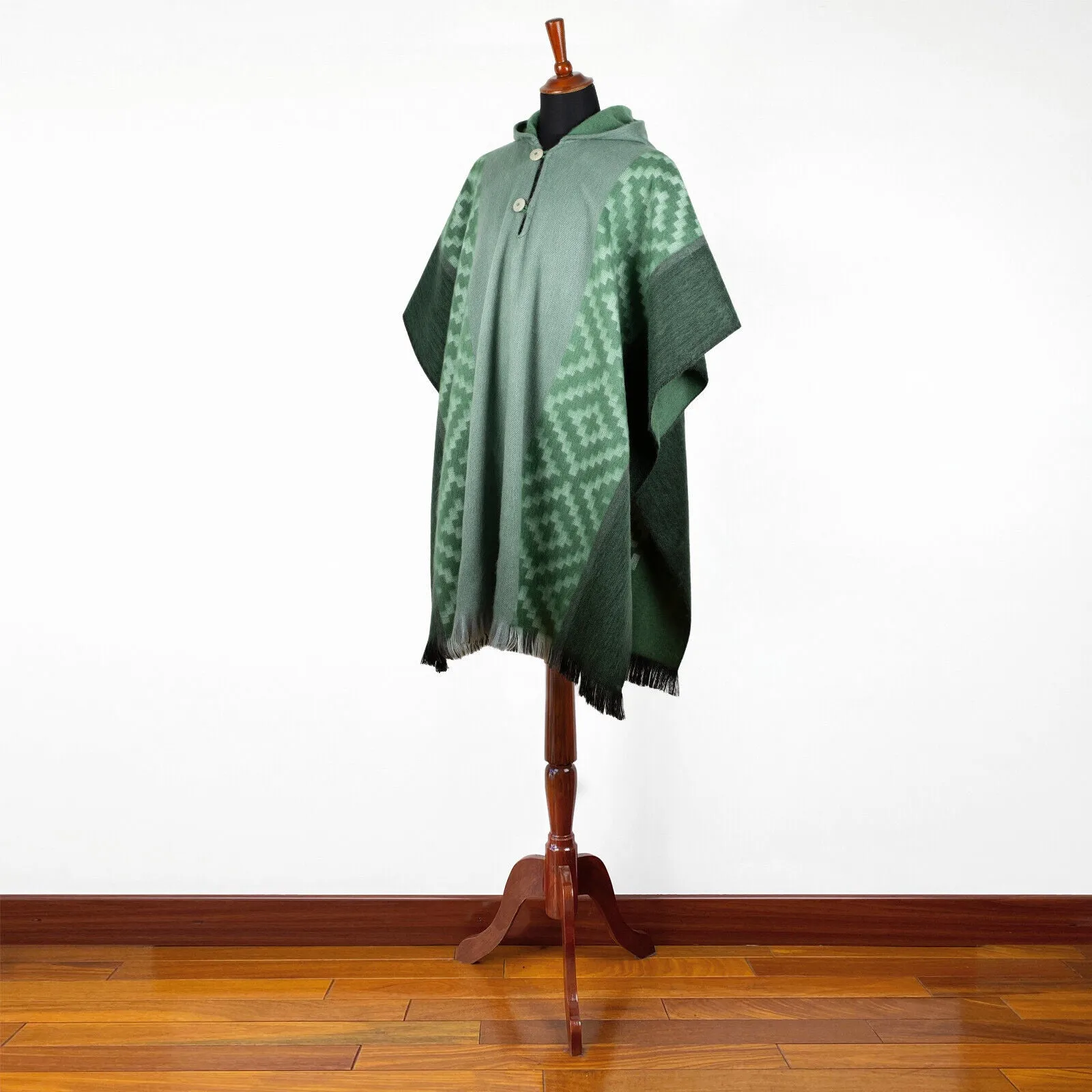 Machachi - Lightweight Baby Alpaca Hooded Poncho - Emerald Green - Diamonds Pattern - Unisex