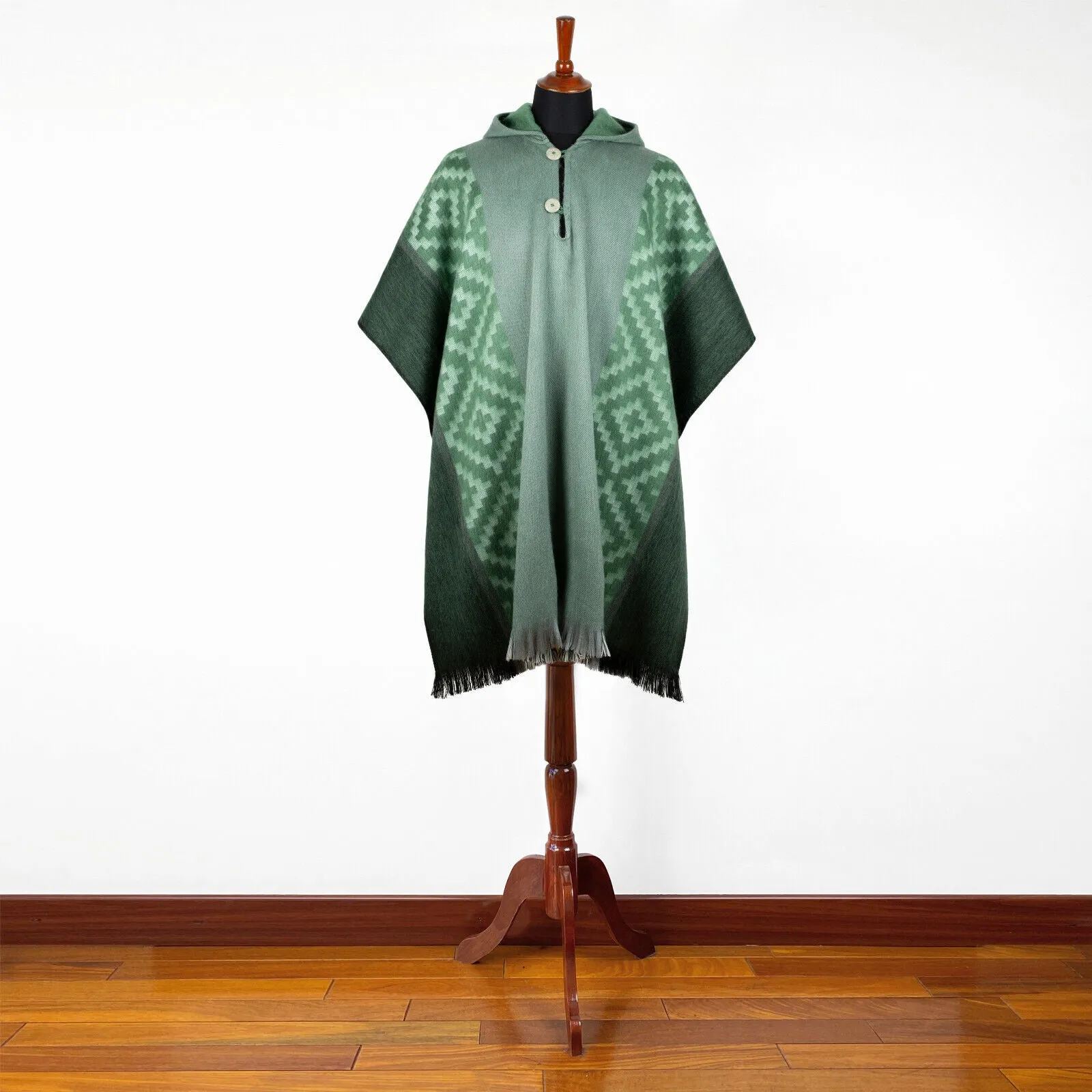 Machachi - Lightweight Baby Alpaca Hooded Poncho - Emerald Green - Diamonds Pattern - Unisex