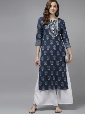 Navy Blue Floral Printed Kurta