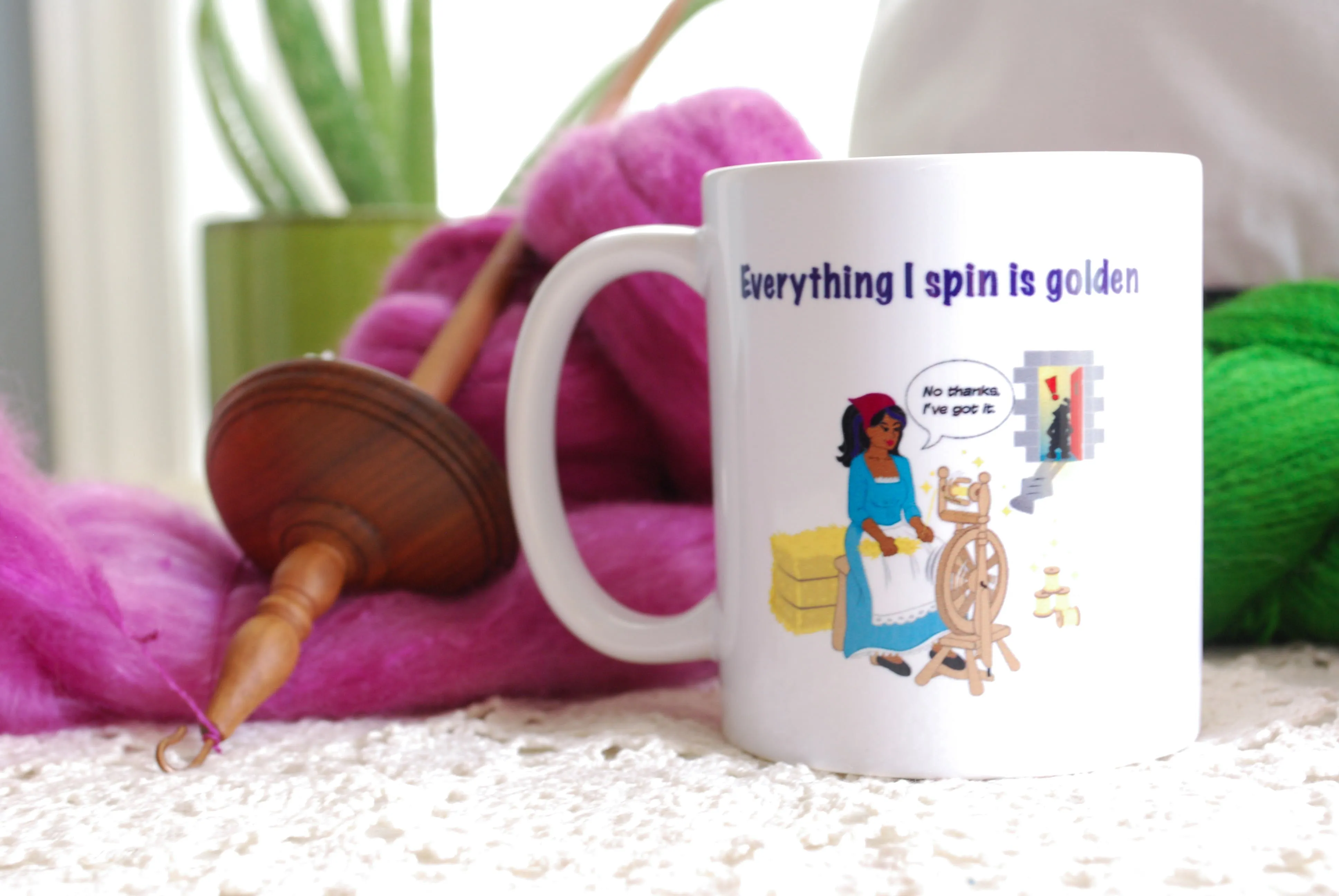 No Thanks, Rumpelstiltskin! Spinning Wheel Mug "Everything I Spin is Golden" - for hand spinners, fibre artists, knitters