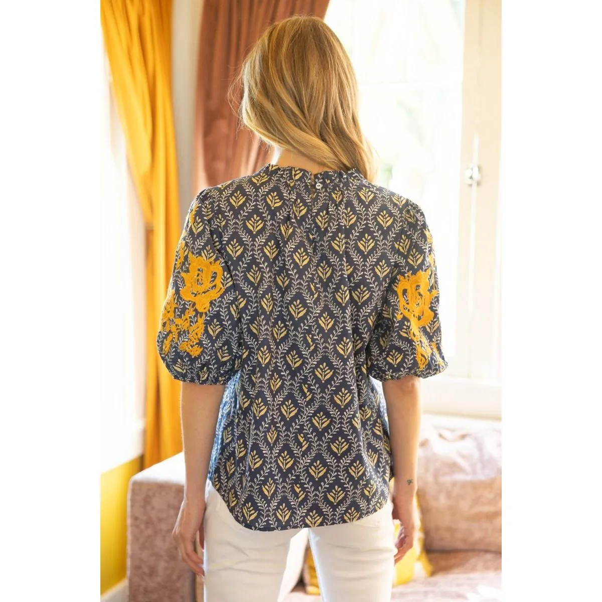 Palmer Embroidered Puff Sleeve Printed VOY Top-SALE