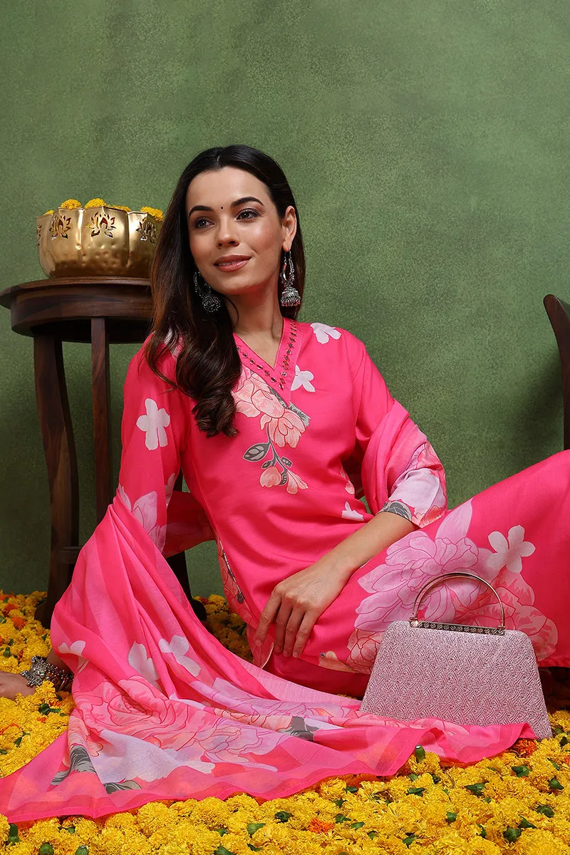 Pink Cotton Blend Floral Printed Straight Suit Set