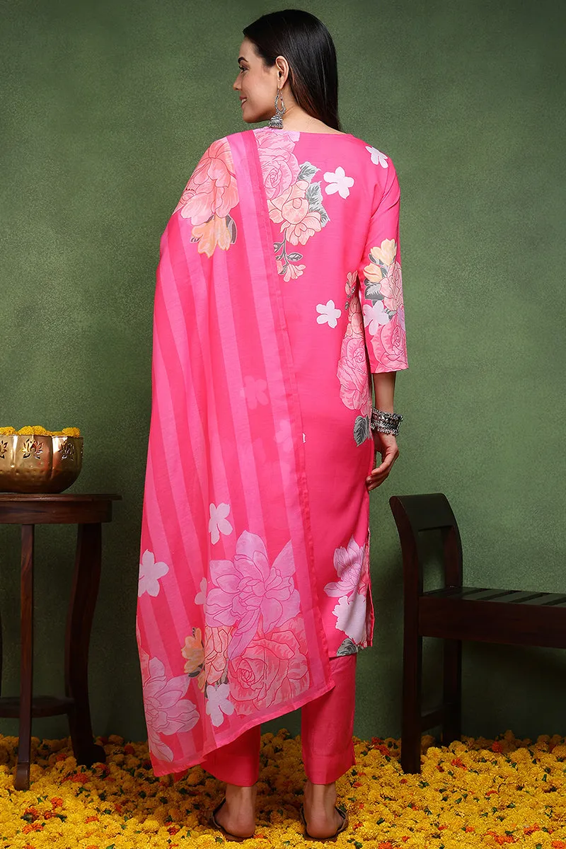 Pink Cotton Blend Floral Printed Straight Suit Set