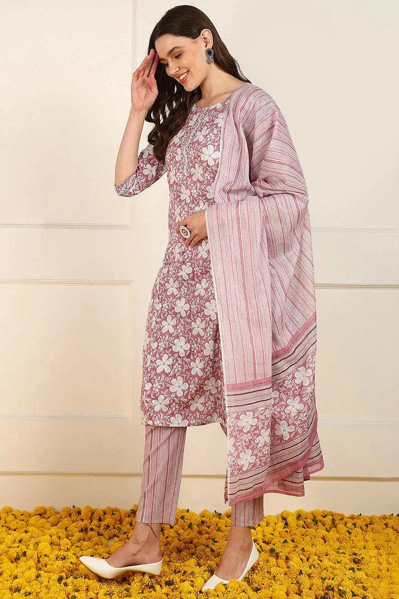 Pink Cotton Floral Printed Straight Suit Set