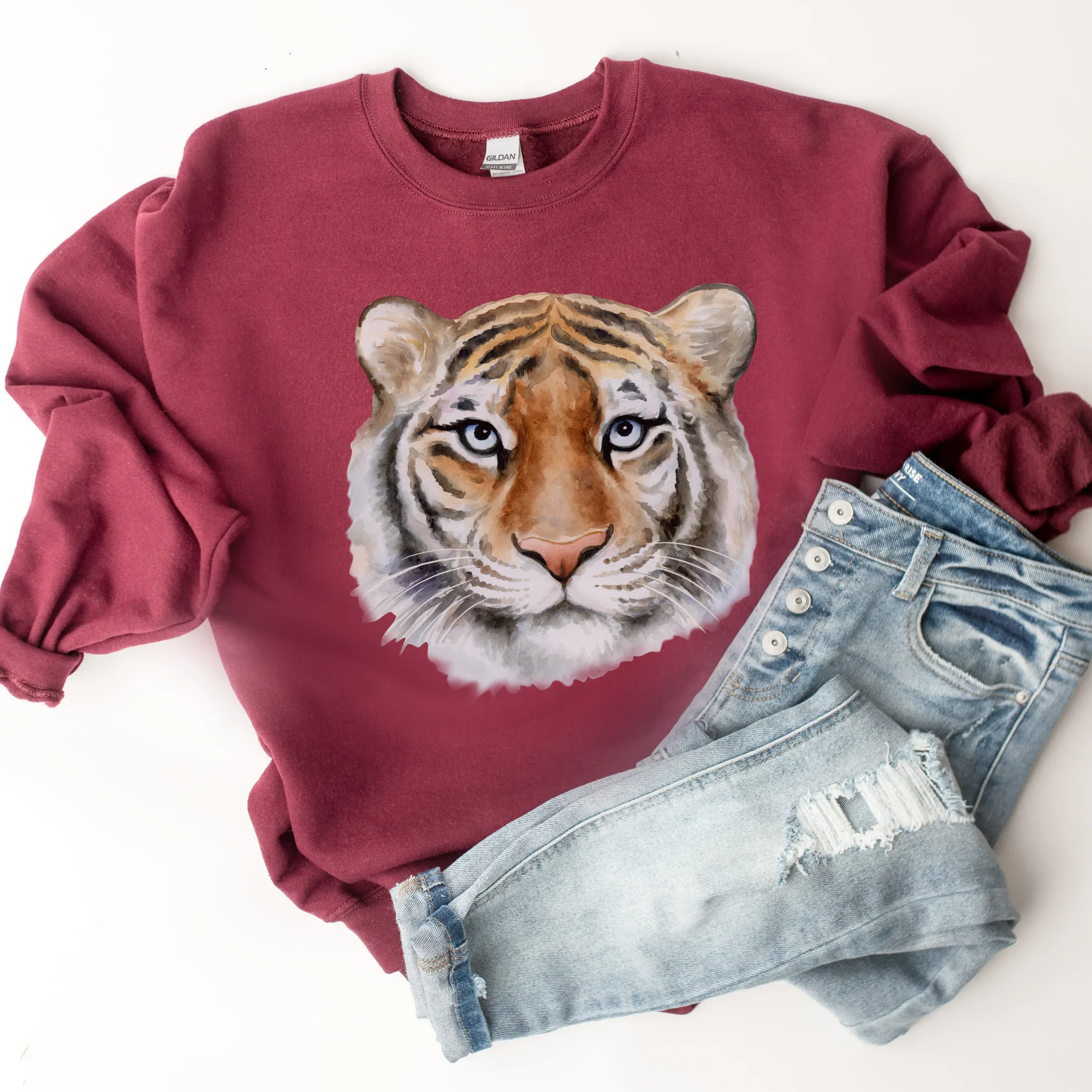 Watercolor Tiger Crewneck Sweatshirt Beautiful Tiger Pullover in White, Sand, Ash, Maroon, Navy Unisex-Sized Sweatshirt