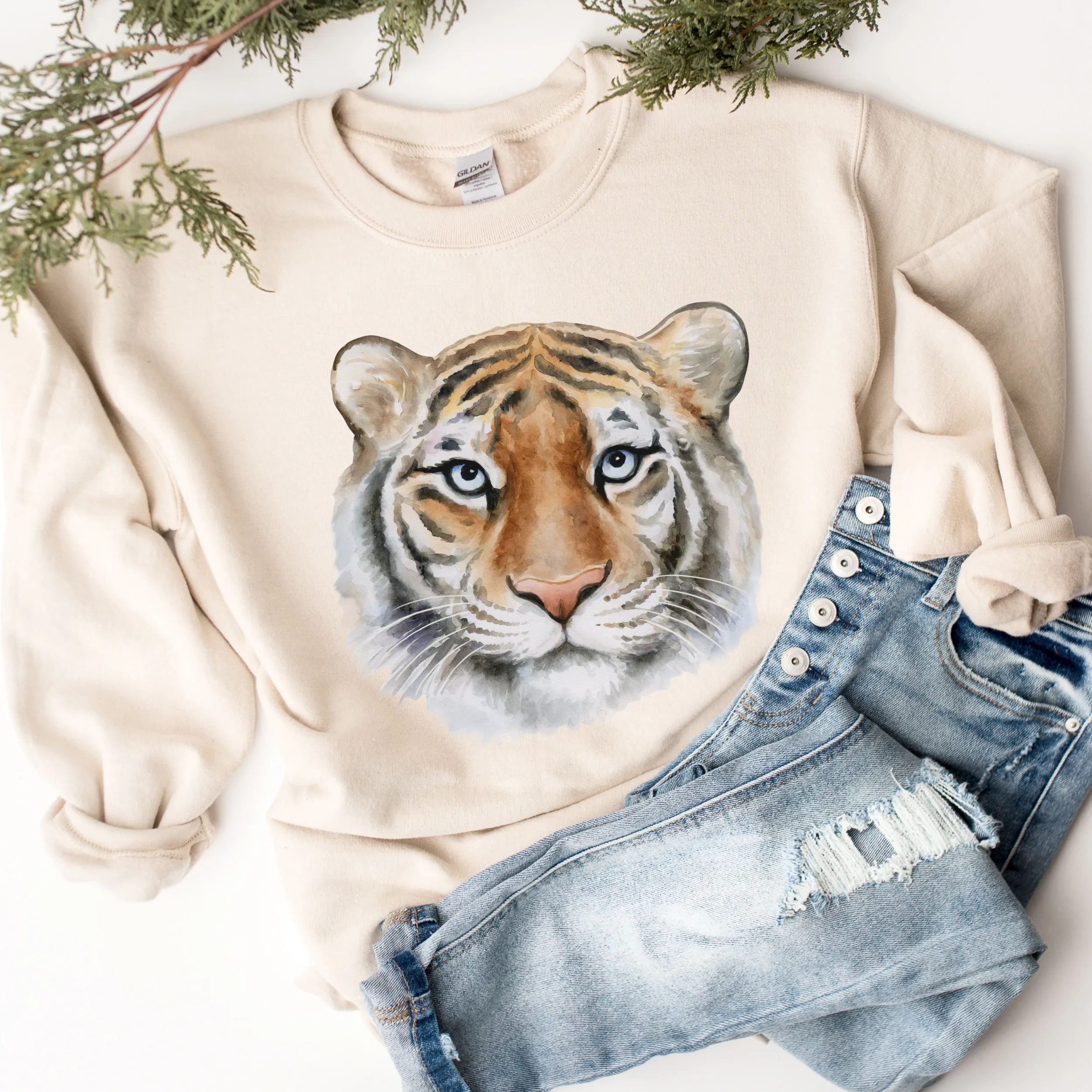 Watercolor Tiger Crewneck Sweatshirt Beautiful Tiger Pullover in White, Sand, Ash, Maroon, Navy Unisex-Sized Sweatshirt