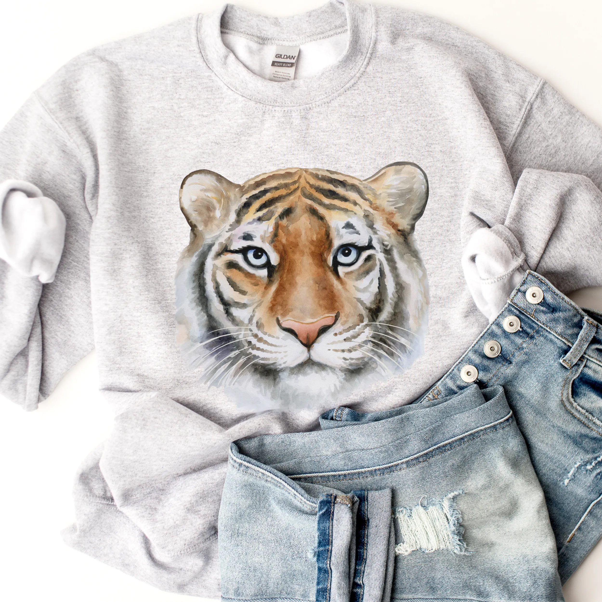 Watercolor Tiger Crewneck Sweatshirt Beautiful Tiger Pullover in White, Sand, Ash, Maroon, Navy Unisex-Sized Sweatshirt