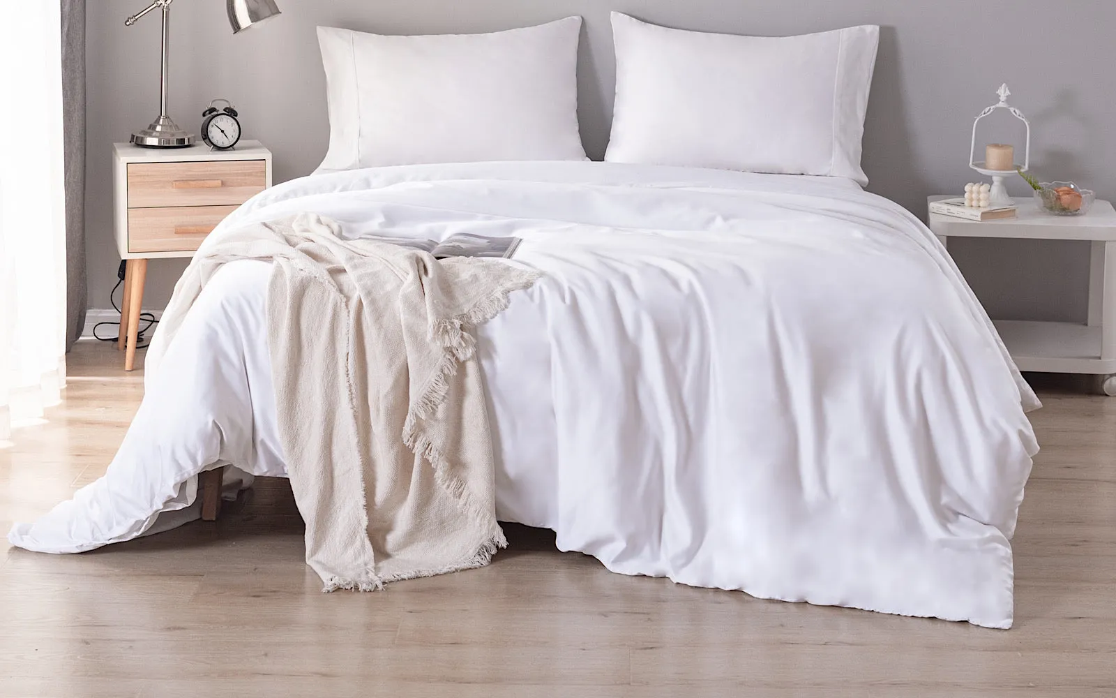 White Double GF 100% Organic Bamboo 300tc Luxurious sateen weave Bedding Set Duvet Cover, Extra Deep 40cm Fitted Sheet, 2 x Pillow Cases