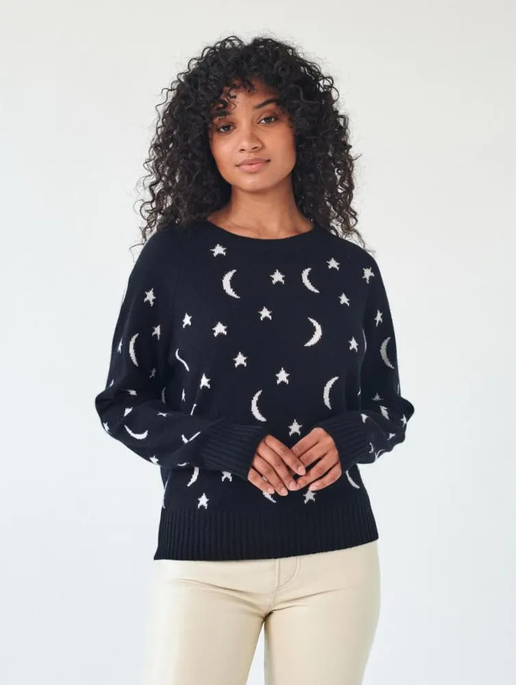 White   Warren - Cashmere New Moon Intarsia Sweatshirt in Black/Soft White