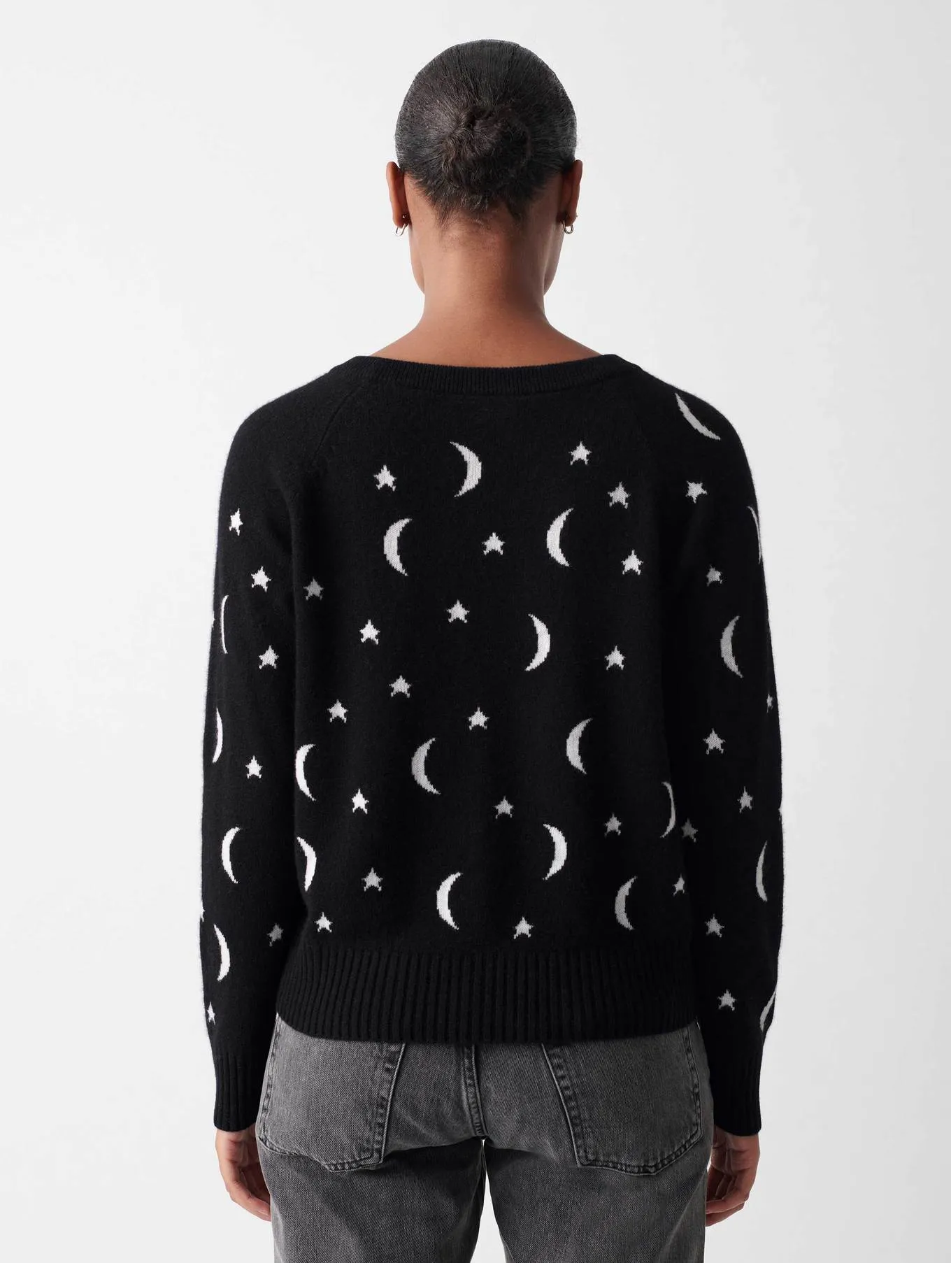White   Warren - Cashmere New Moon Intarsia Sweatshirt in Black/Soft White
