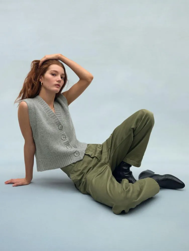 White   Warren - Cashmere Plush Button Vest in Grey Heather