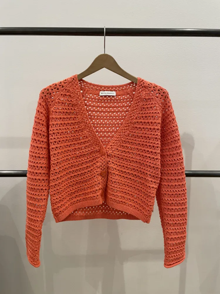 White   Warren - Italian Recycled Cotton Crochet Trim Cardigan in Bright Clementine
