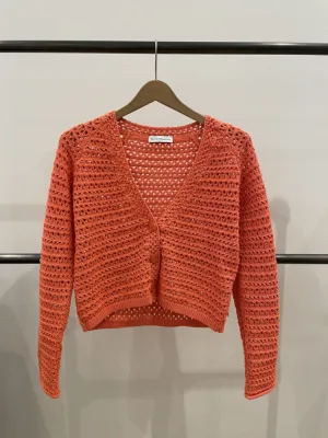 White   Warren - Italian Recycled Cotton Crochet Trim Cardigan in Bright Clementine