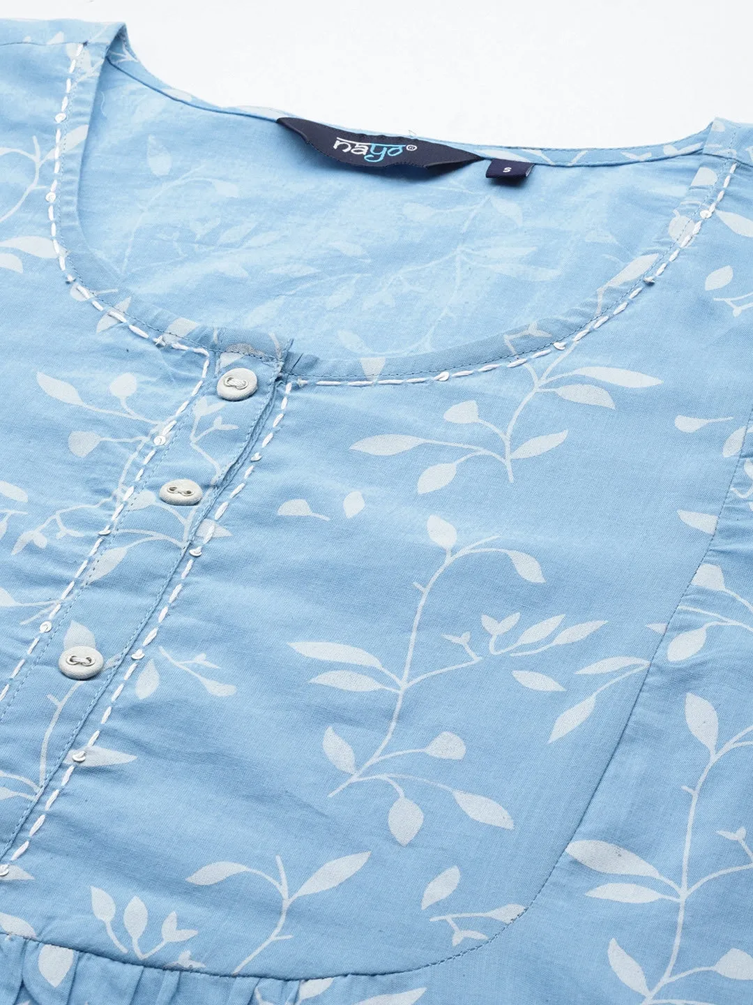 Women Blue Printed Flared Kurta With Three Quarter Sleeves
