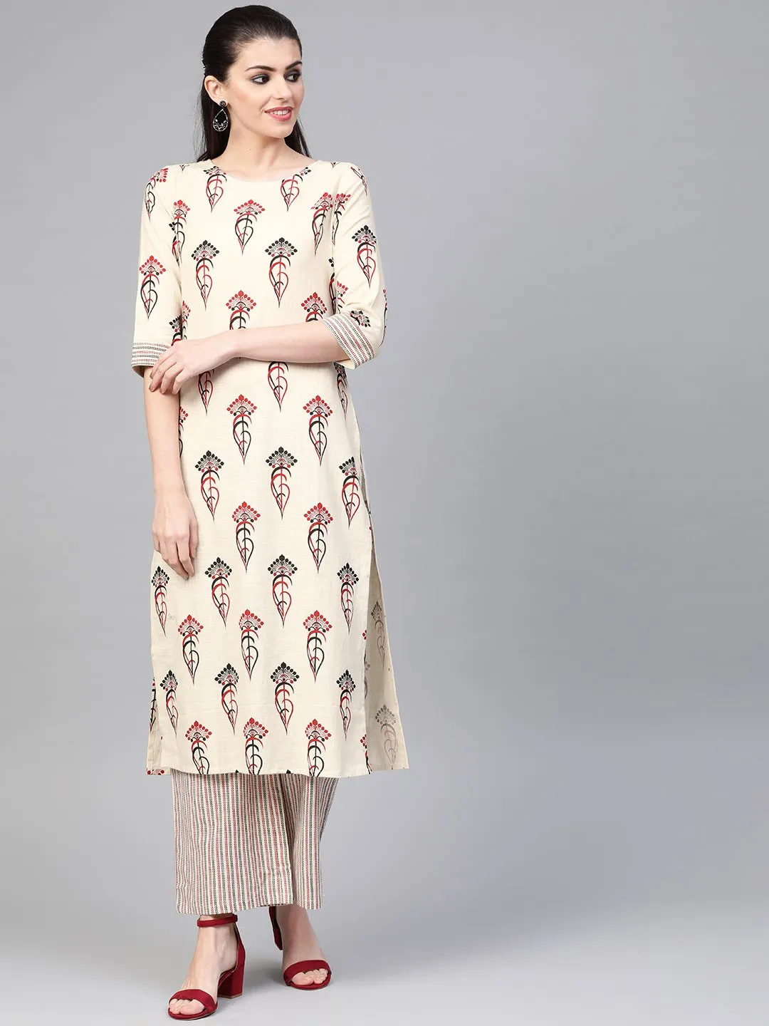 Women Off White & Red Straight Ethnic Motifs Printed Kurta And Palazzos Set