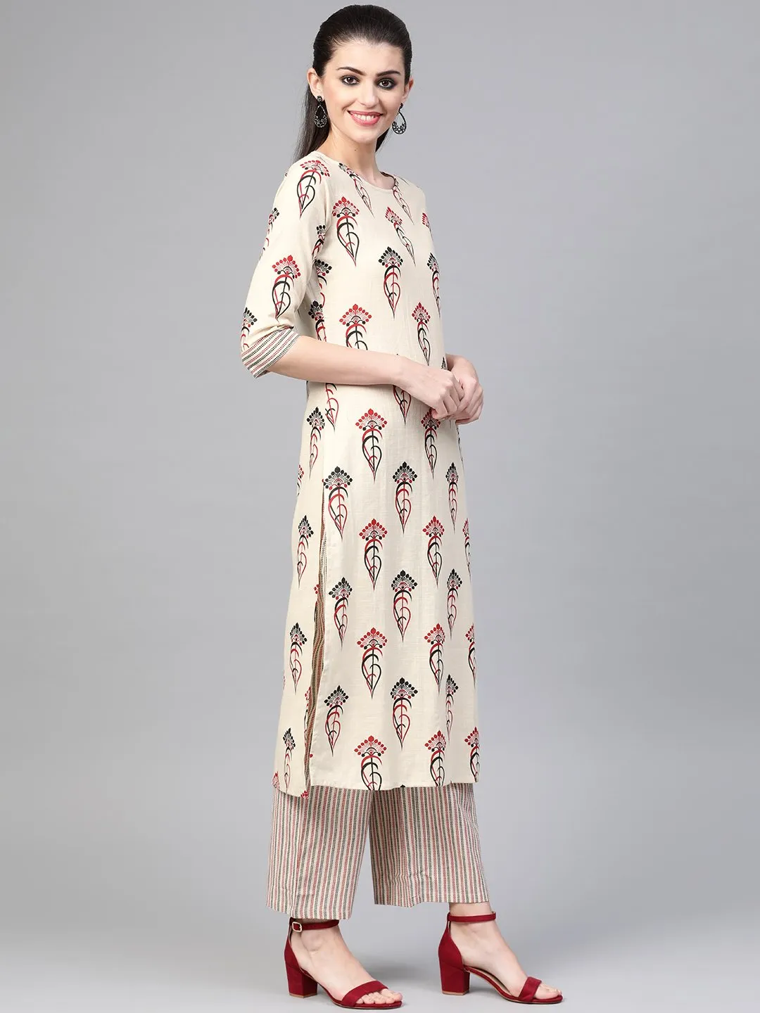 Women Off White & Red Straight Ethnic Motifs Printed Kurta And Palazzos Set