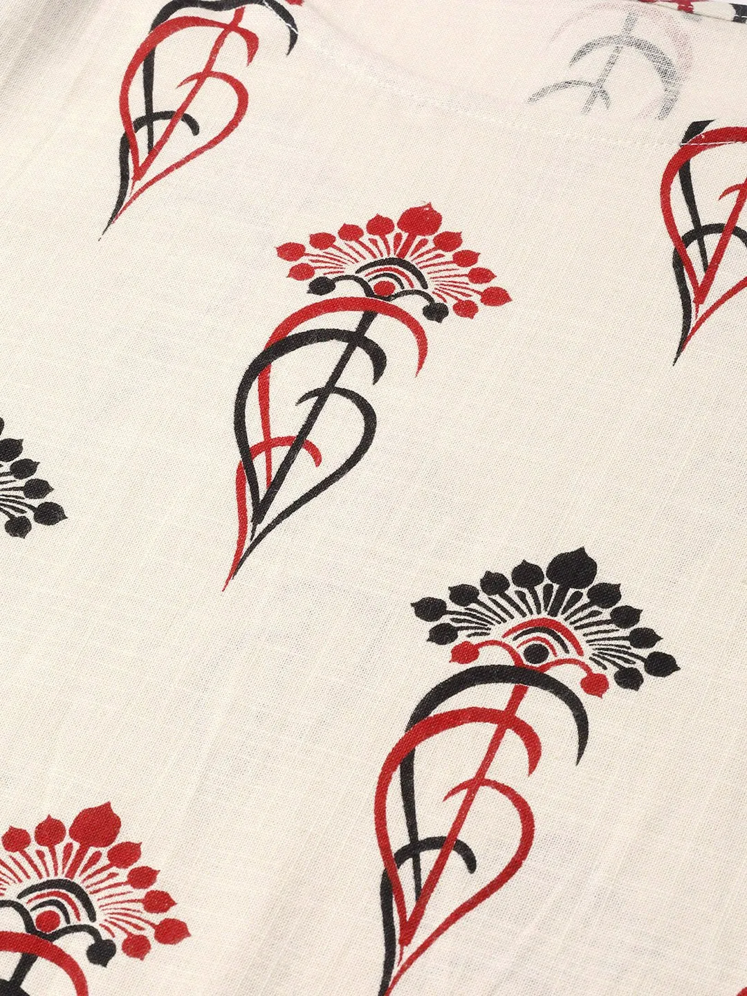 Women Off White & Red Straight Ethnic Motifs Printed Kurta And Palazzos Set