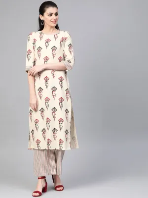 Women Off White & Red Straight Ethnic Motifs Printed Kurta And Palazzos Set