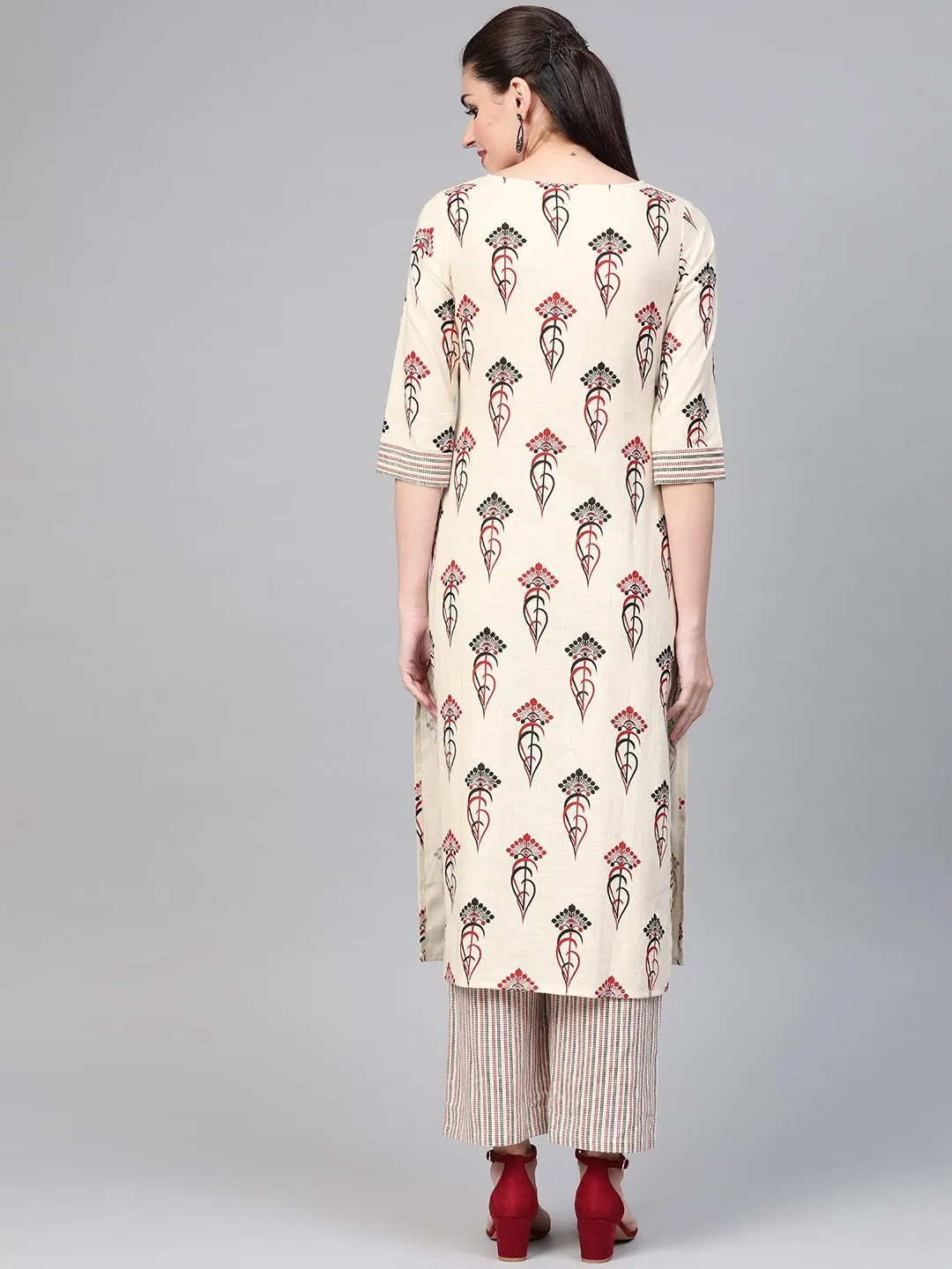Women Off White & Red Straight Ethnic Motifs Printed Kurta And Palazzos Set