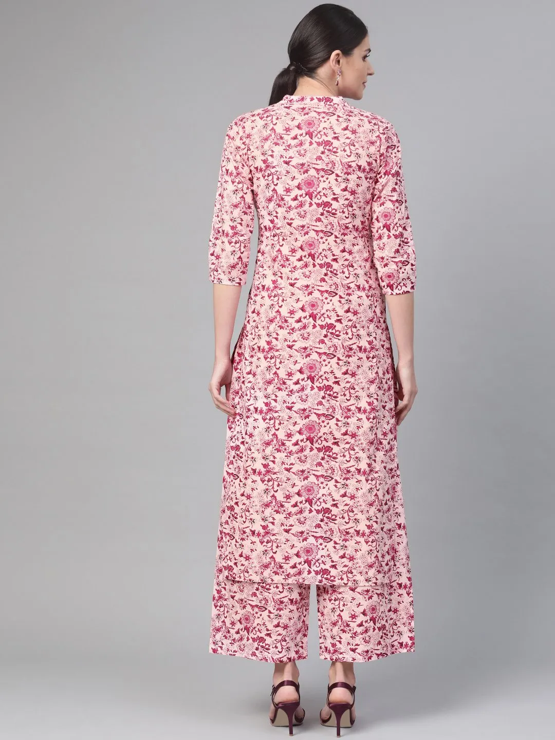 Women Pink & Burgundy Straight Floral Printed Kurta And Palazzos Set