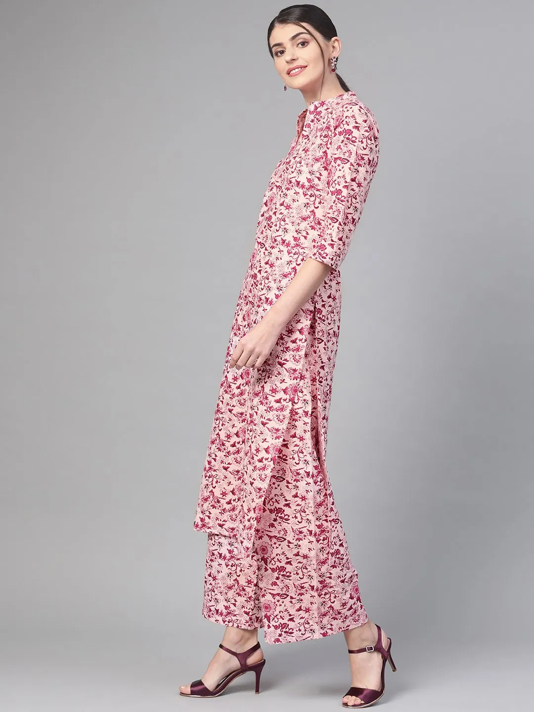 Women Pink & Burgundy Straight Floral Printed Kurta And Palazzos Set