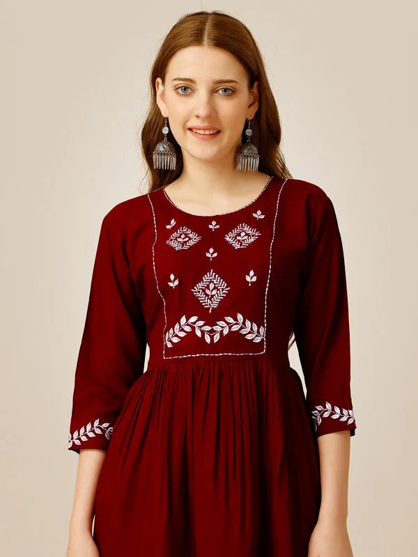 Womens Embroidered A-Line Maroon Tunic