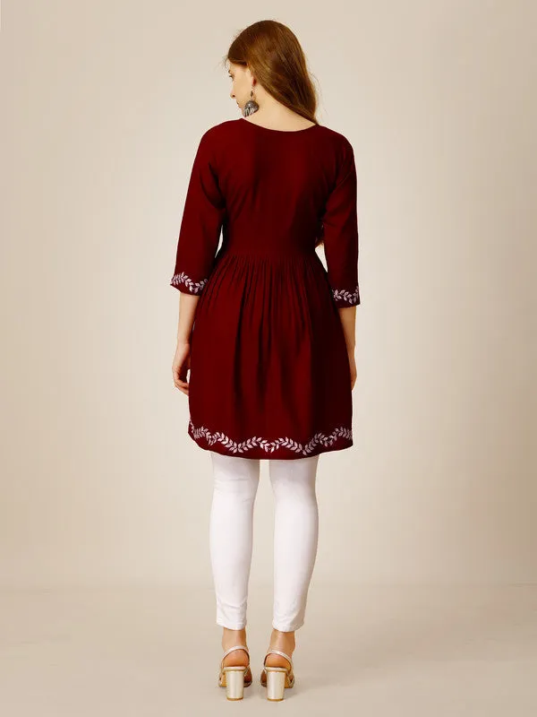 Womens Embroidered A-Line Maroon Tunic