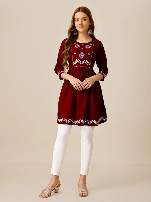 Womens Embroidered A-Line Maroon Tunic