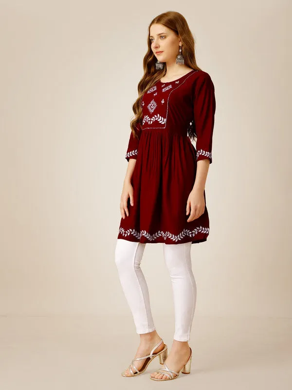 Womens Embroidered A-Line Maroon Tunic