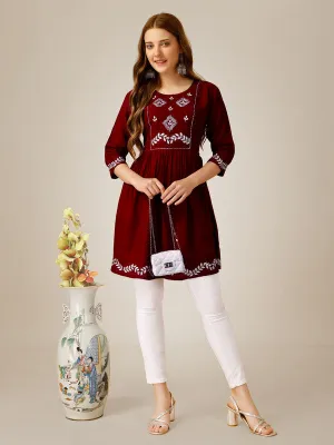 Womens Embroidered A-Line Maroon Tunic