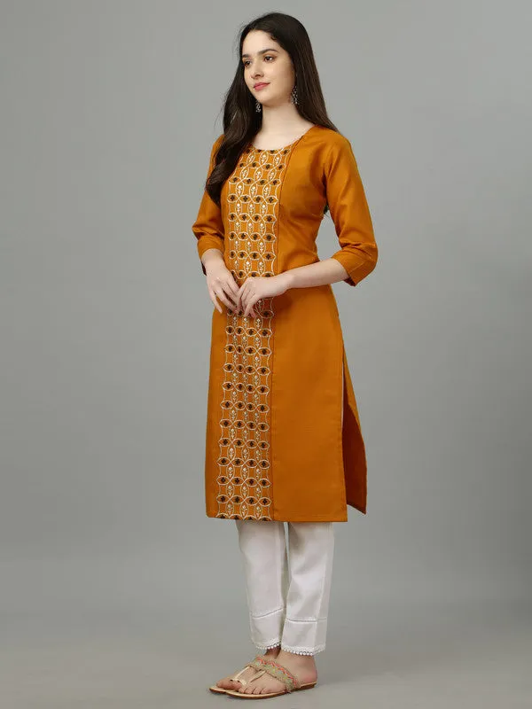 Womens Embroidered Straight Mustard Kurti